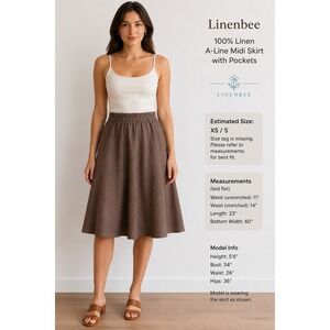 Linenbee 100 Linen Brown Pull-On A-Line Midi Skirt Pockets XS Small Cottagecore